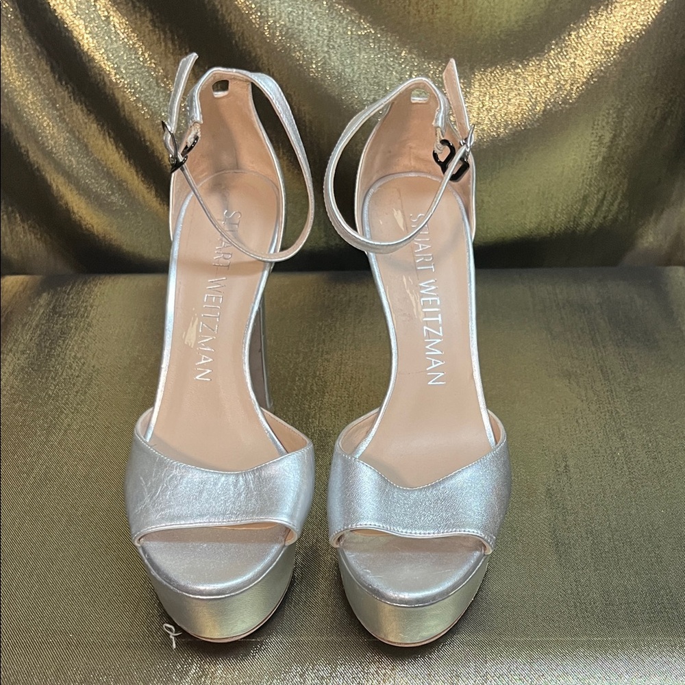 Stuart Weitzman Silver Metallic Platform Peep-Toe… - image 3
